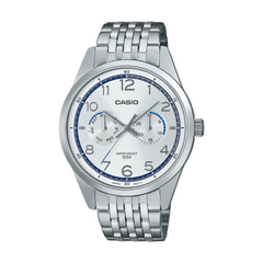Casio watch with silver metal strap on a white background