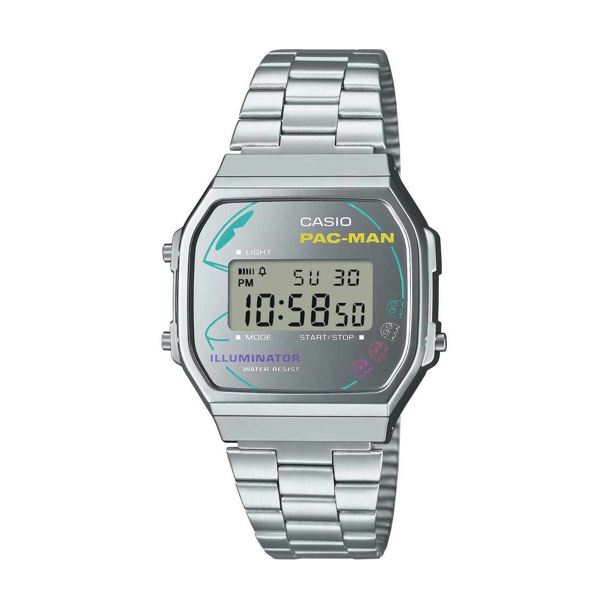 Silver Casio digital watch with a metallic band on a white background