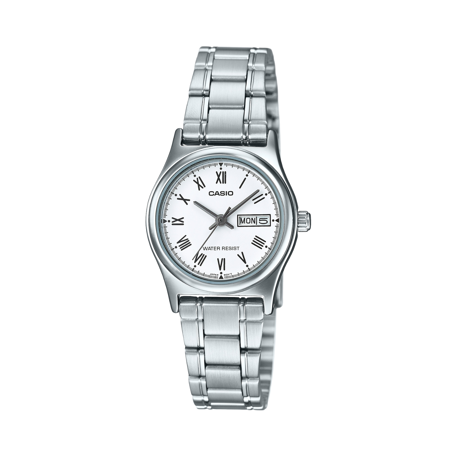 Silver Casio watch with a white dial on a white background