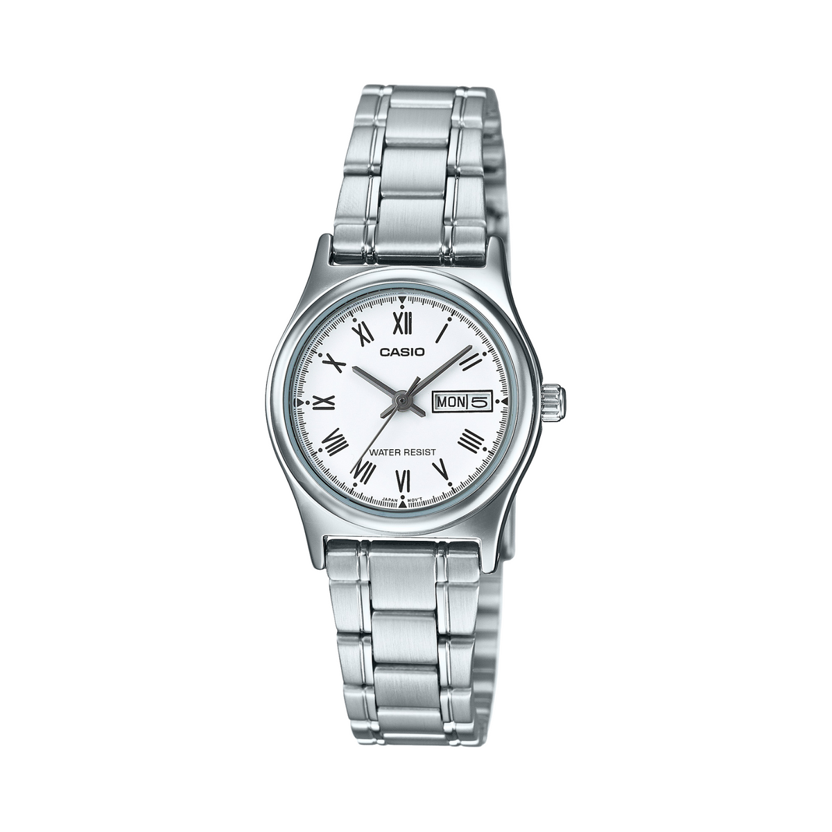 Silver Casio watch with a white dial on a white background