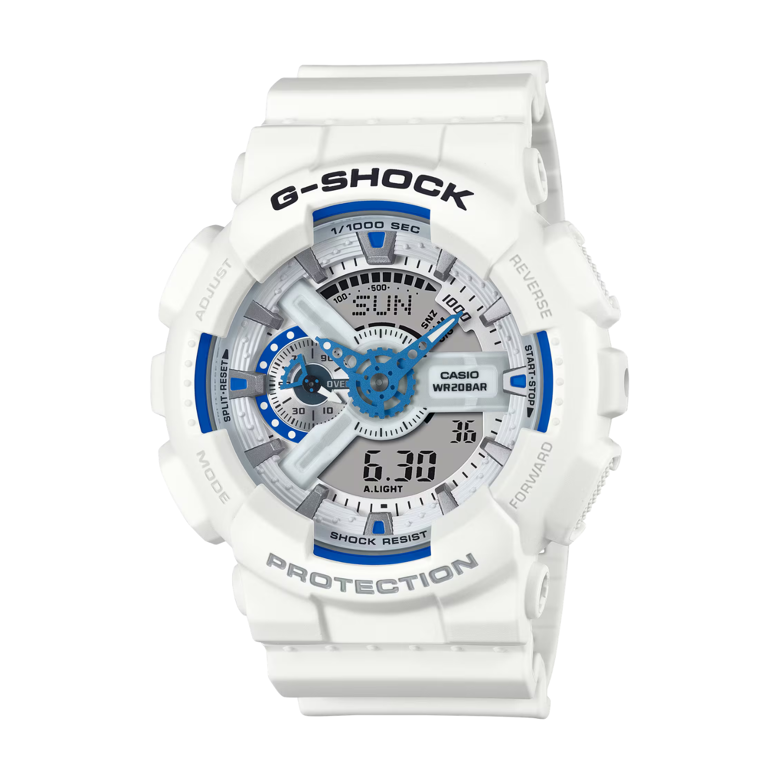 White G-Shock watch with blue accents on a white background