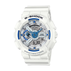 White G-Shock watch with blue accents on a white background
