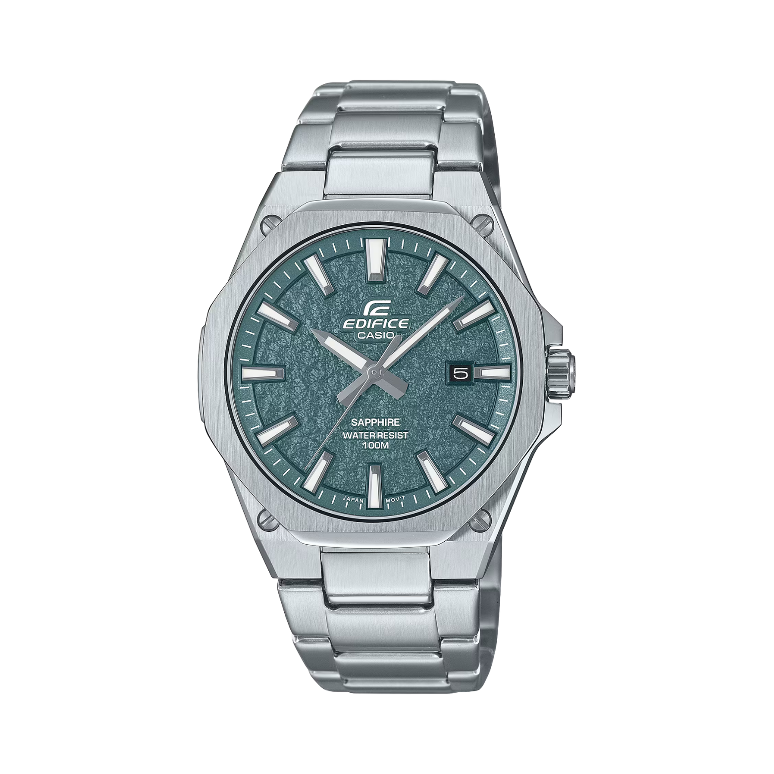 Silver Casio Edifice watch with blue dial on a white background