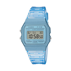 Blue digital watch with a clear strap on a white background