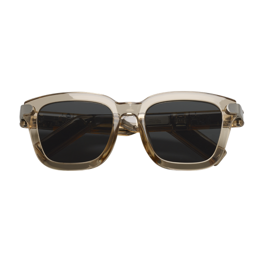 Sunglasses with a brown frame and dark lenses on a white background