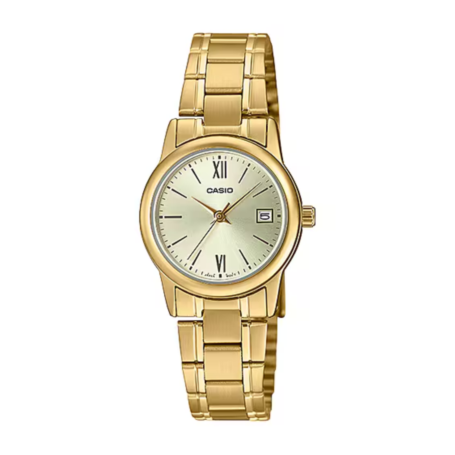 Gold Casio watch on a white background
