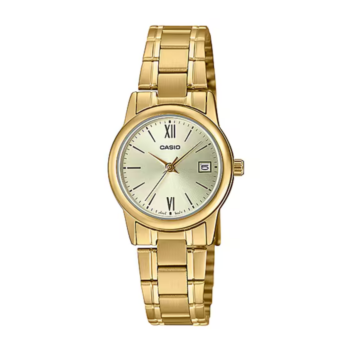 Gold Casio watch on a white background