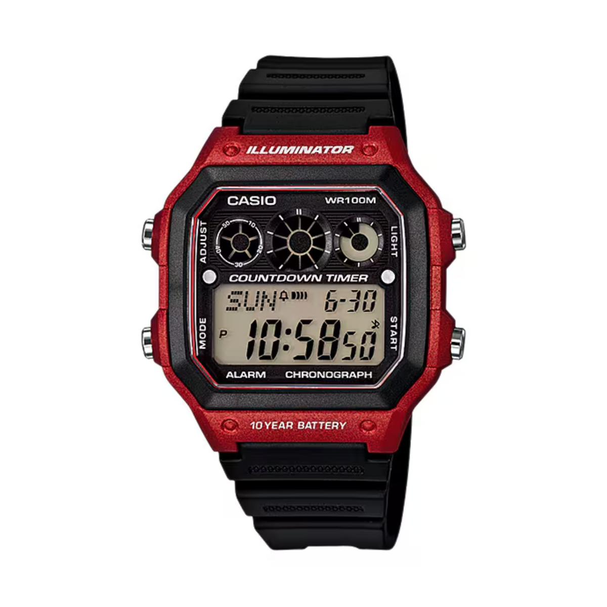 Casio digital watch with red and black design on a white background