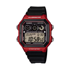 Casio digital watch with red and black design on a white background