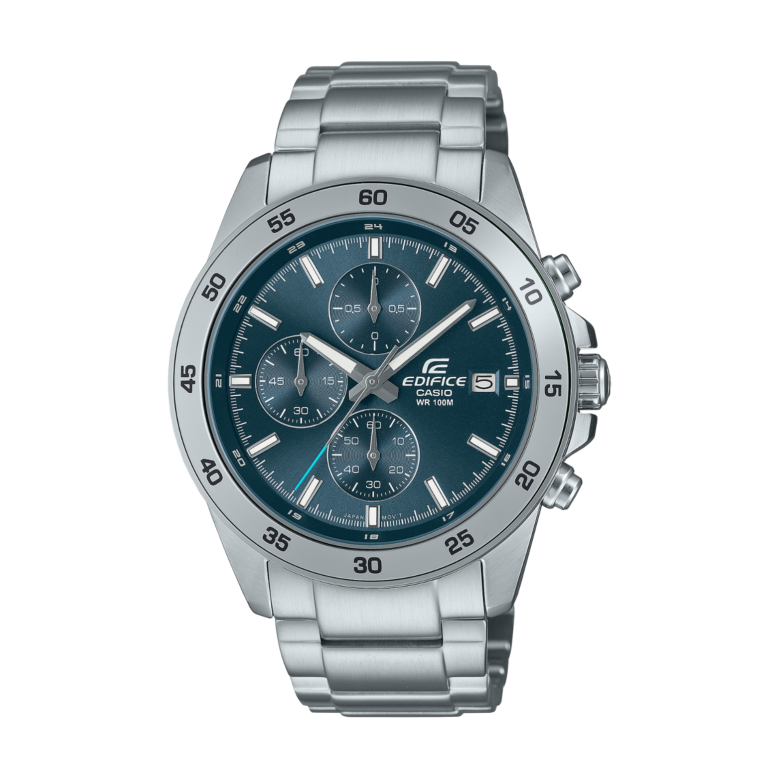 Silver Edifice watch with a blue face on a white background