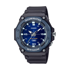 Casio watch with black strap and blue dial on a white background
