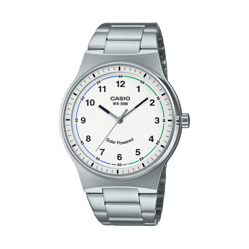 Silver Casio watch with a white face on a white background