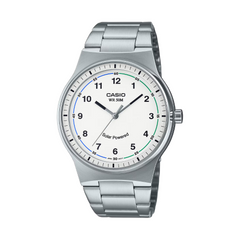 Silver Casio watch with a white face on a white background