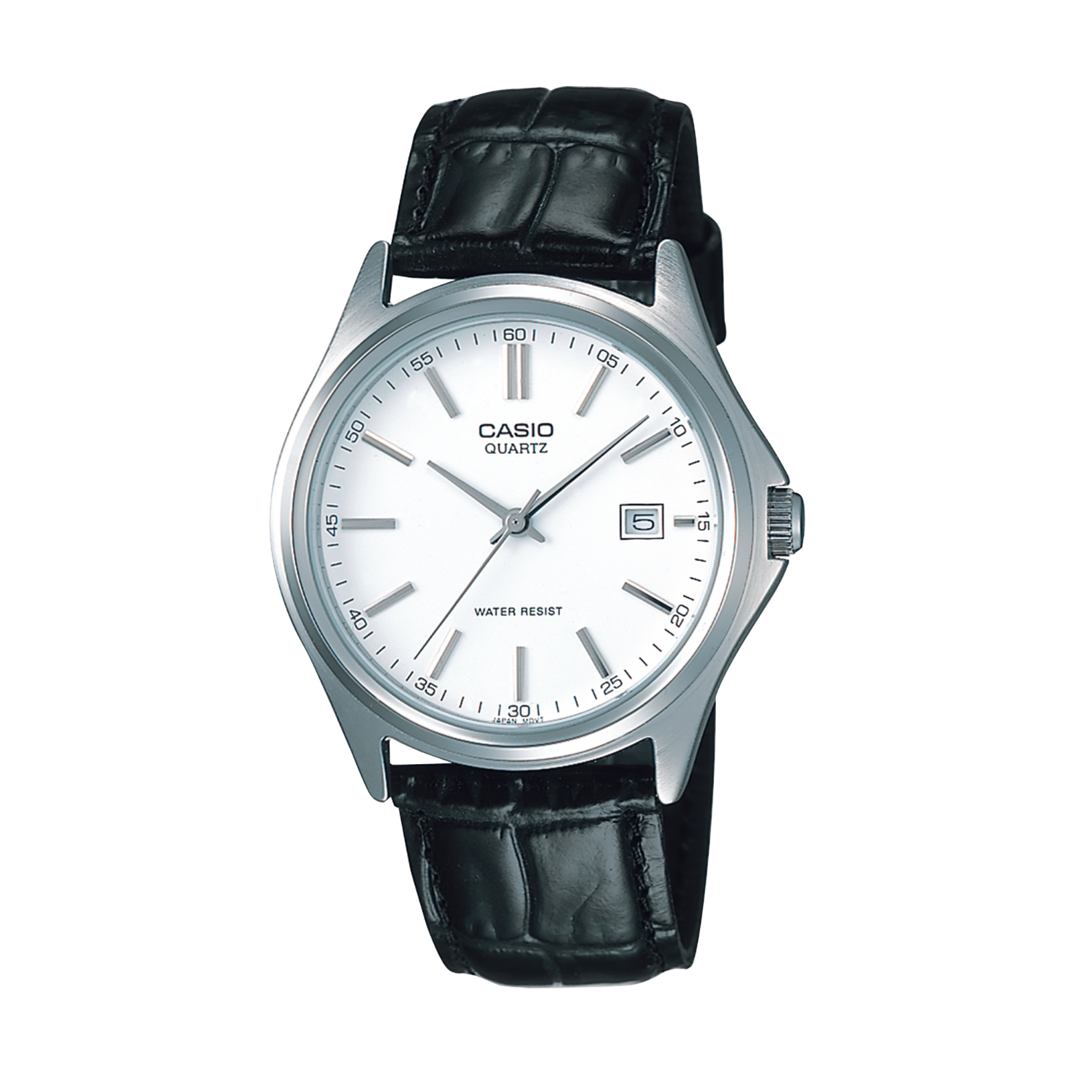 Casio watch with black leather strap on a white background