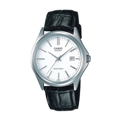 Casio watch with black leather strap on a white background