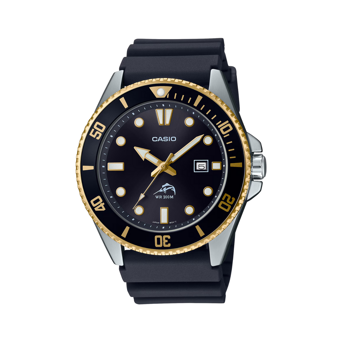 Casio watch with black strap and gold bezel on a white background