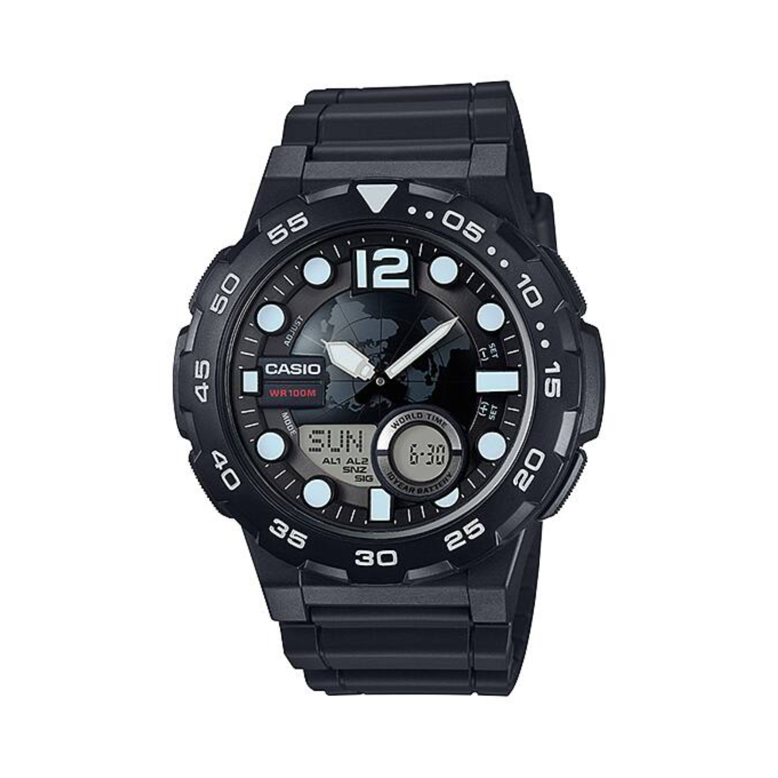 Black Casio watch with digital and analog display on a white background
