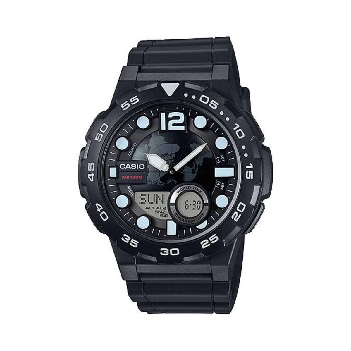 Black Casio watch with digital and analog display on a white background