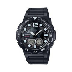 Black Casio watch with digital and analog display on a white background