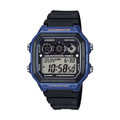 Casio digital watch with blue and black design on a white background