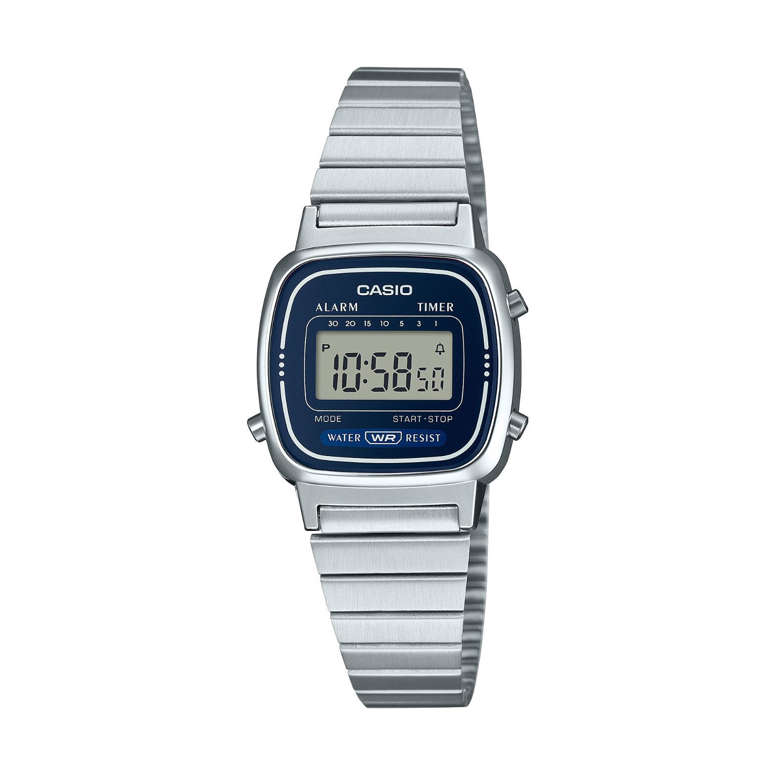 Casio digital watch with silver metal strap on a white background