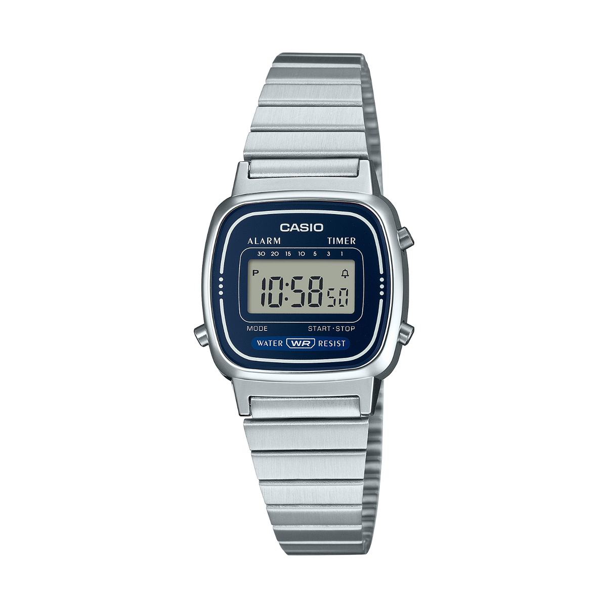 Casio digital watch with silver metal strap on a white background