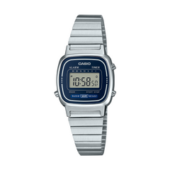 Casio digital watch with silver metal strap on a white background