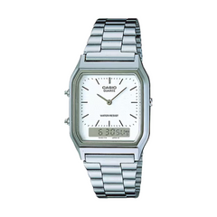 Casio watch with silver metal strap on a white background