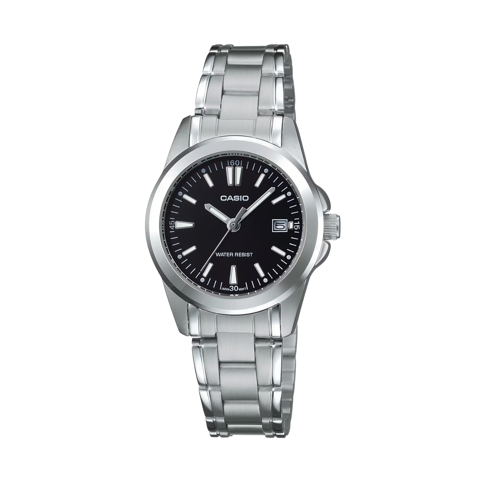 Casio watch with black dial and silver metal bracelet on a white background