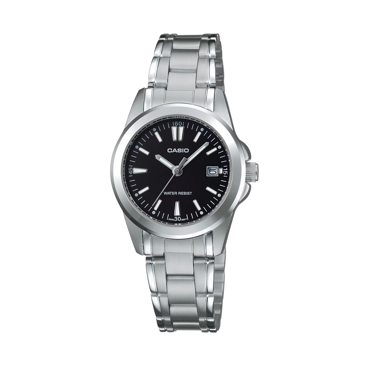 Casio watch with black dial and silver metal bracelet on a white background