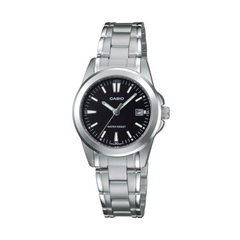 Casio watch with black dial and silver metal bracelet on a white background