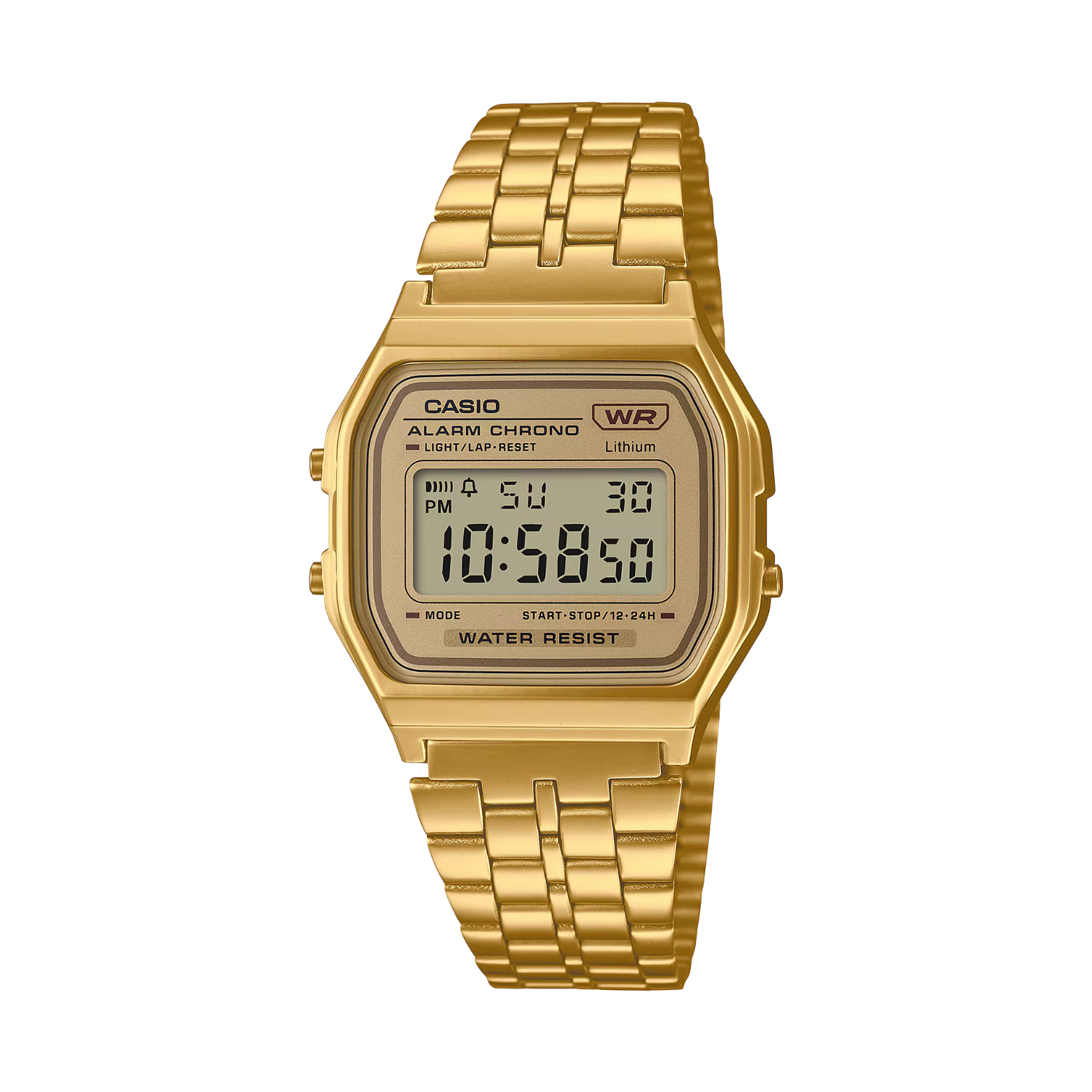 Gold Casio digital watch on a white background