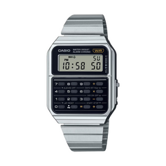 Casio digital watch with metal band on a white background