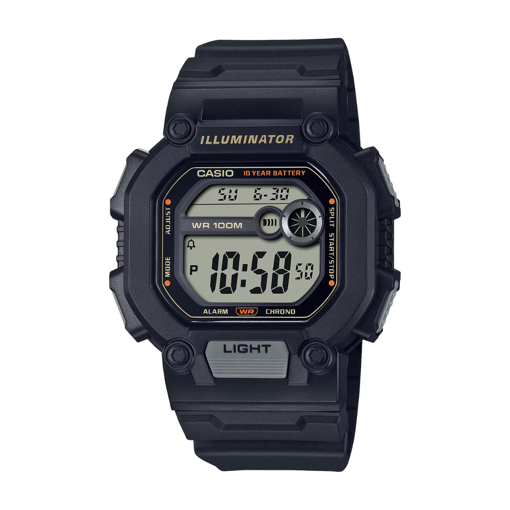 Black Casio digital watch on a white background