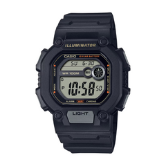 Black Casio digital watch on a white background