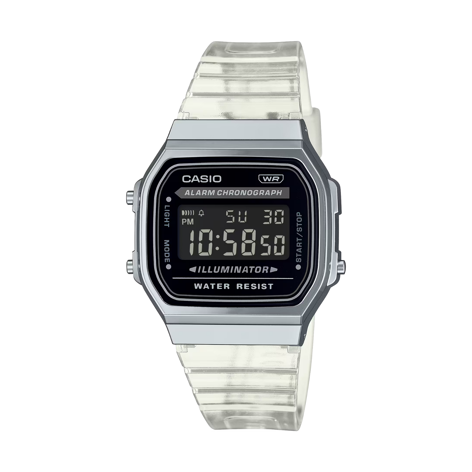 Casio digital watch with clear strap on a white background