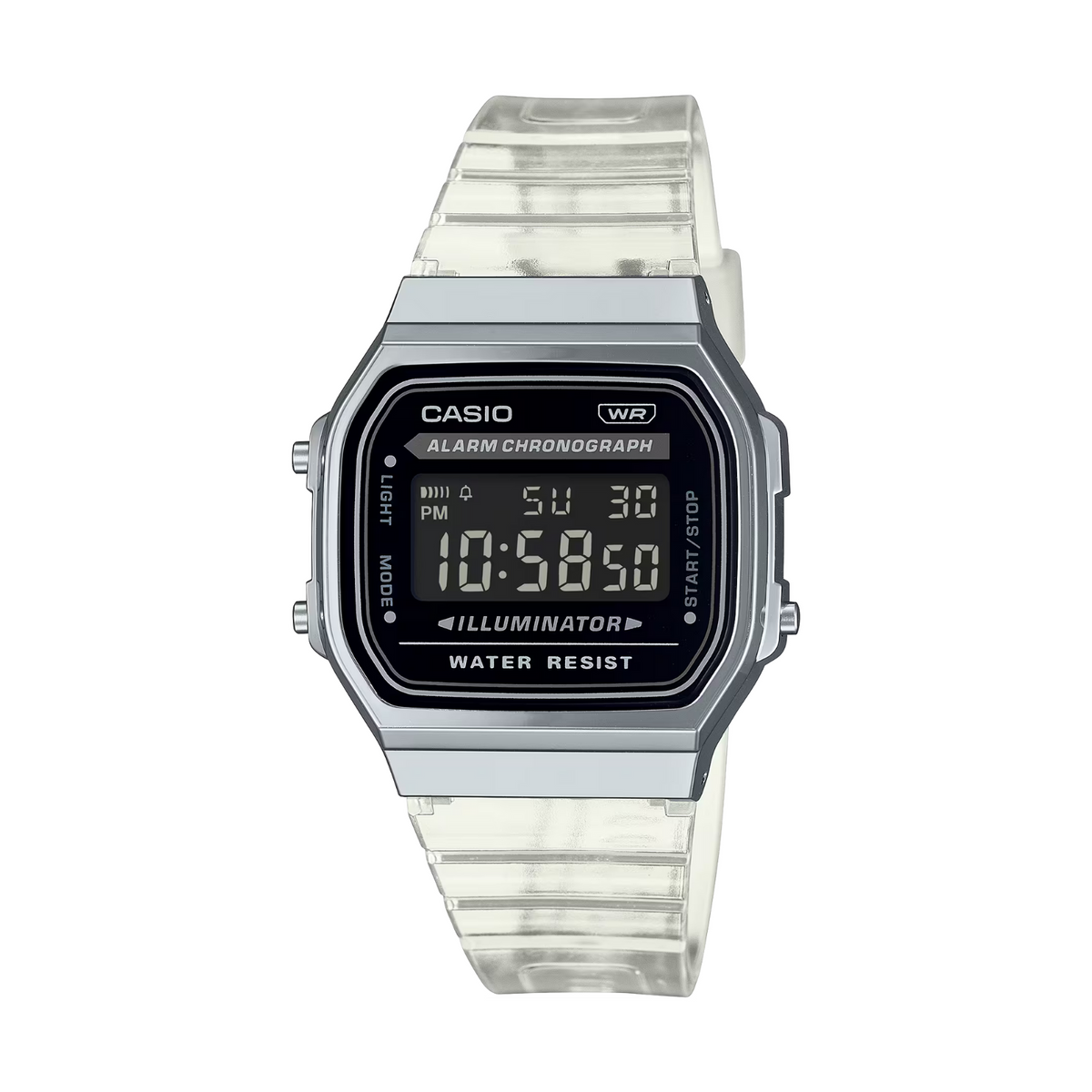 Casio digital watch with clear strap on a white background