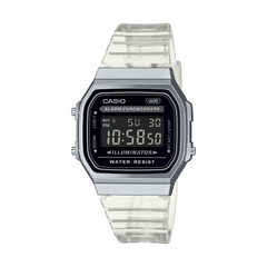 Casio digital watch with clear strap on a white background