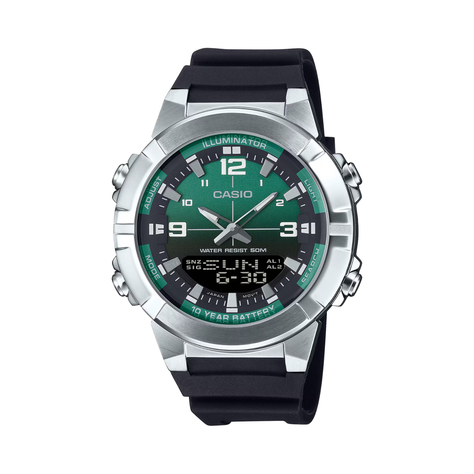 Casio watch with green face and black strap on a white background