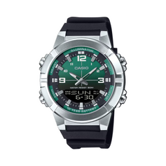 Casio watch with green face and black strap on a white background