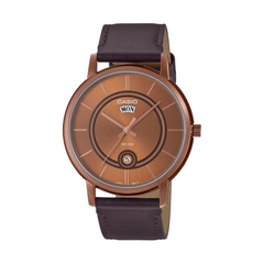 Casio watch with brown leather strap and brown dial on a white background