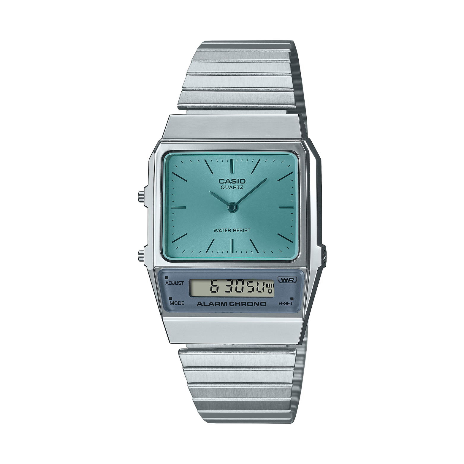 Casio digital watch with a silver band on a white background