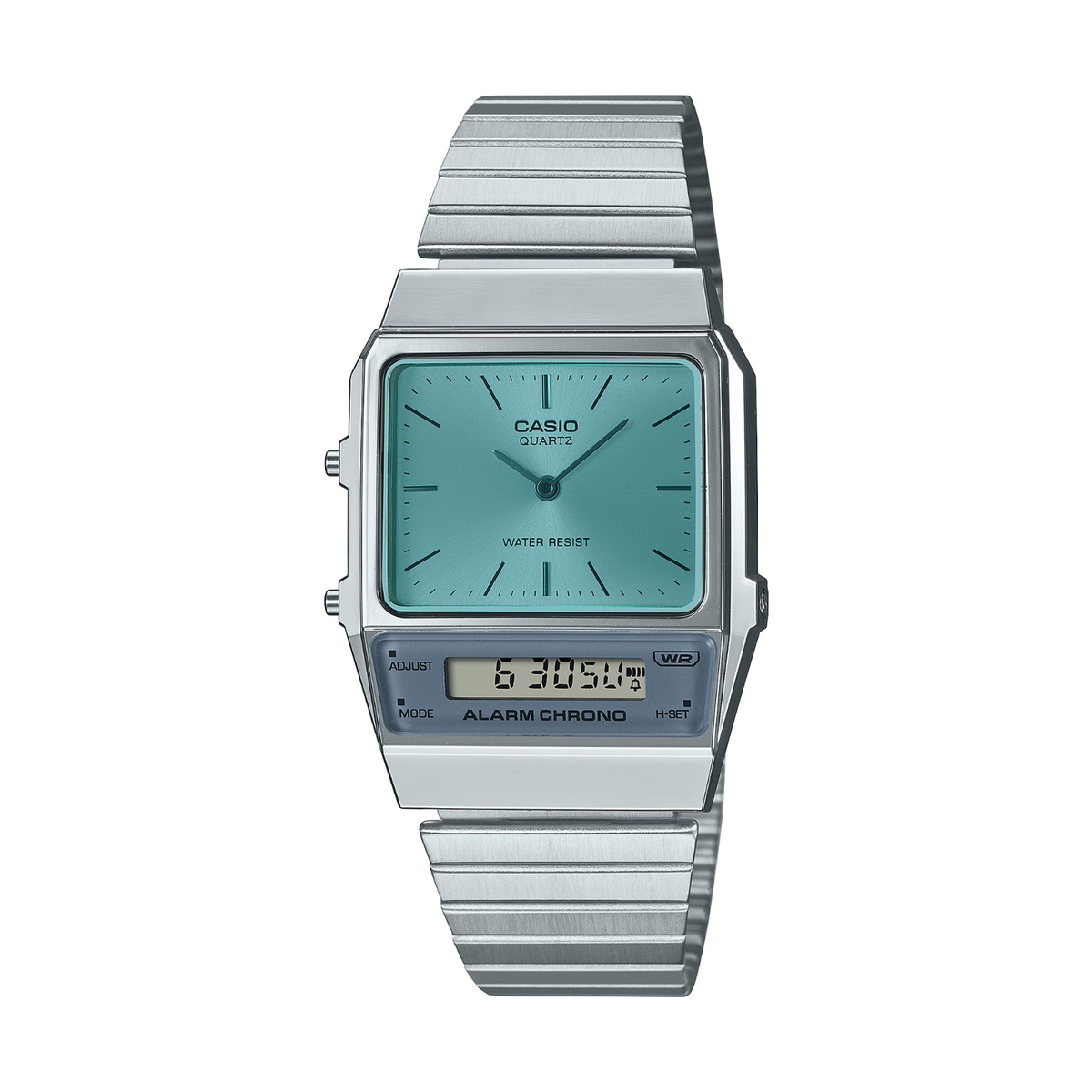 Casio digital watch with a silver band on a white background
