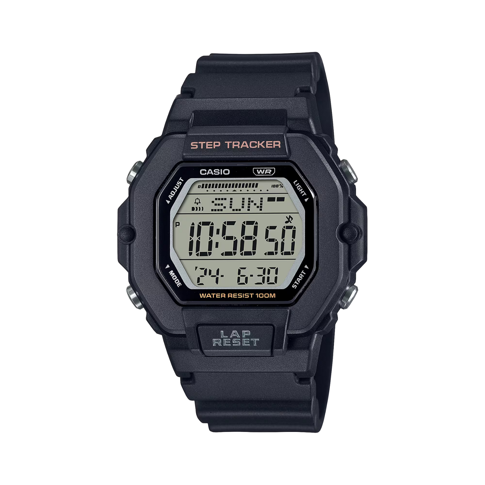 Black Casio digital watch with step tracker on a white background