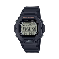 Black Casio digital watch with step tracker on a white background