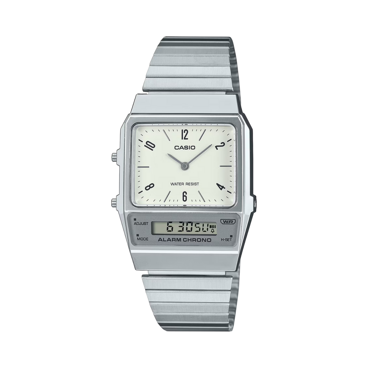 Silver Casio watch with a white face on a white background