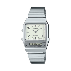 Silver Casio watch with a white face on a white background
