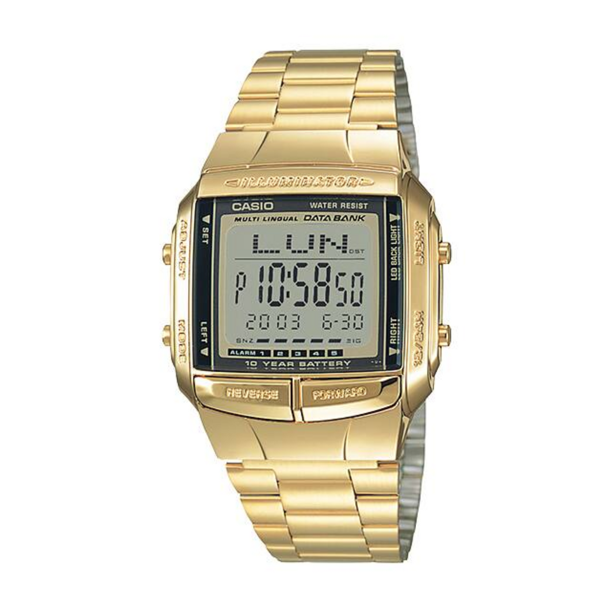 Gold Casio digital watch on a white background