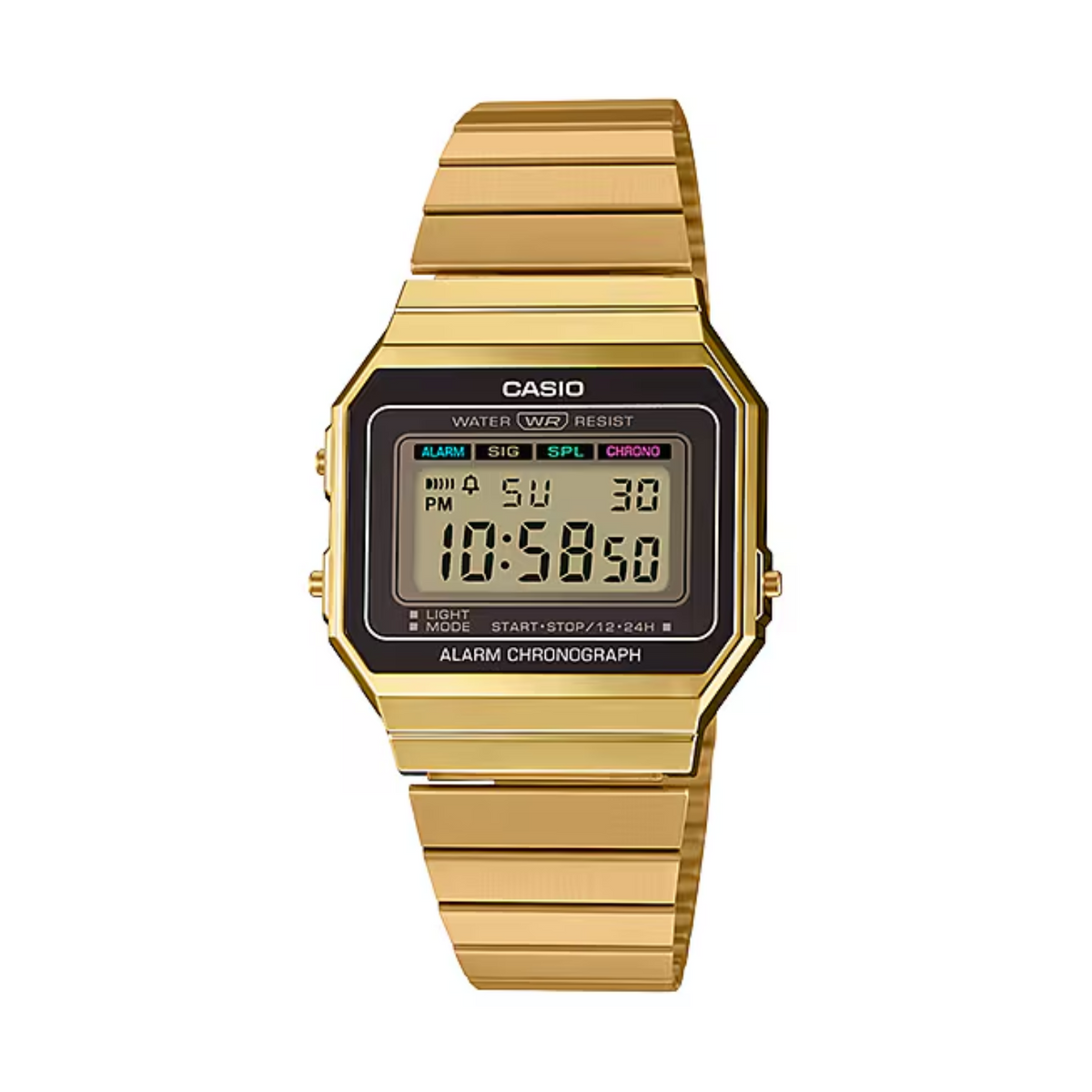Gold Casio digital watch on a white background