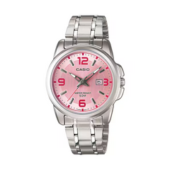 Casio watch with pink face and silver metal strap on white background